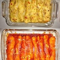 Enchiladas 2 Ways.  Chicken Cream Cheese Spinach and spicy Red Beef Enchiladas.